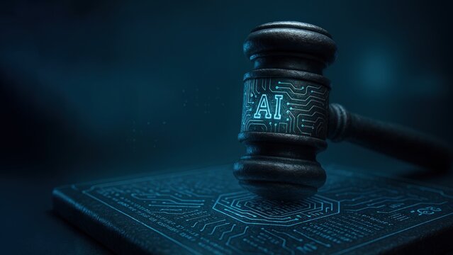 Black gavel on wooden circuit board with ai ethics icons, blending law and technology, concept of ai ethics, governance, legal justice in tech