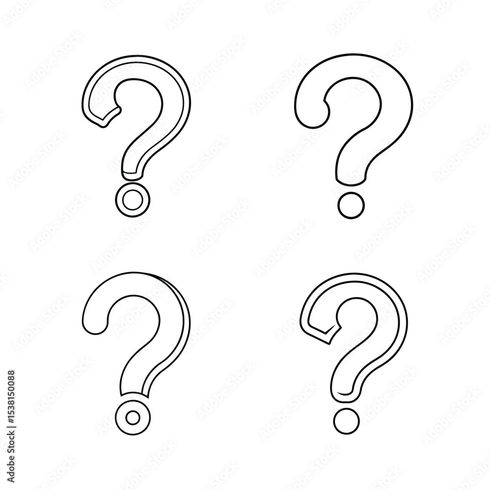 Poster four simple black and white question mark symbols representing questions and uncertainty