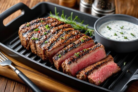 Sliced flat iron steak on a black grilling tray, topped with ranch dressing and fresh herbs, set against a wooden table background.