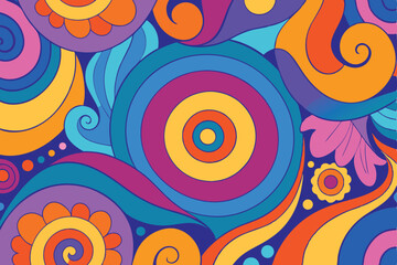 Fototapeta premium Psychedelic Floral and Swirls Pattern with Circular Rings Retro Colorful Design