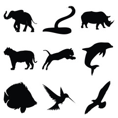 Animal Silhouette Vector Set | Elephant, Snake, Rhino, Tiger, Fish, Birds, Dolphin, Panther