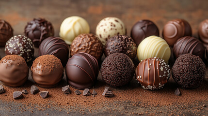A colorful collection of round truffles made from dark, milk and white chocolate are assembled against a background of scattered cocoa.