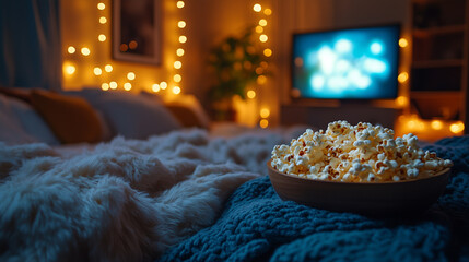 The image shows the cozy atmosphere of a home movie show: a soft blanket, a fluffy comforter, warm light from the fairy lights and a large bowl of popcorn in the foreground.