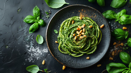Pictured is a delicious dish of zucchini noodles with pesto sauce, generously sprinkled with pine nuts.