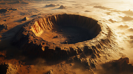 The massive meteorite crater in the center of the image stands out with harsh shadows and orange-gold hues. The rough texture of the landscape