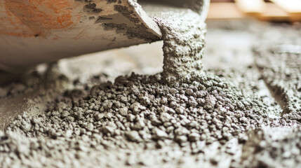 Pouring Fresh Cement Mixture onto a Construction Site for Building Foundations, Roads, or Other Structures with Smooth Texture and Grey Tone