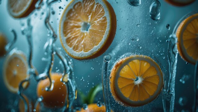 Background of Fresh Cold Citrus Cocktail. Close-up image of glass containing orange drink with water droplets, refreshment and coolness concept. With space available for text.