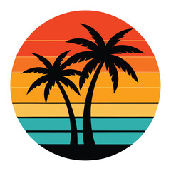 Obraz premium Tropical Palm Trees Silhouette Illustration with Retro Sunset Beach Striped Background Design