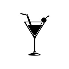 Minimalist Martini Glass Icon with Cherries, Simple black silhouette of a martini glass garnished with cherries, perfect for cocktail menus, bar signs, or party graphics.

