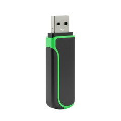 Black and green usb flash drive isolated on transparent background