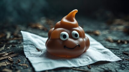 A squishy toy shaped like a brown poop on toilet paper. The concept of using the toilet.