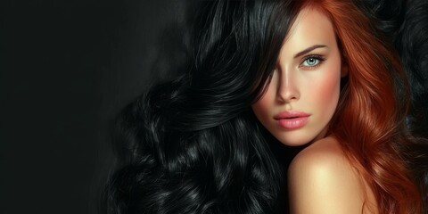 Obraz premium Stunning Brunette with Striking Contrast Hair, Half Dark and Half Auburn, Wavy and Voluminous Style