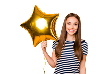 Pretty lady holding hand star shaped air ballon wear striped white blue dress isolated yellow...