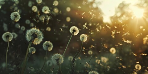 Sunset glow on dandelion field