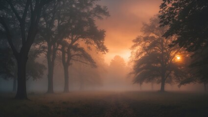 A beautiful warm sunrise with fog hovering over the trees.