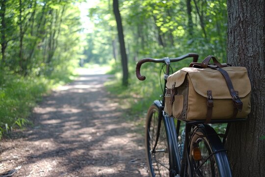 A retro bike with tan saddlebag rests against a tree on a sunlit forest path