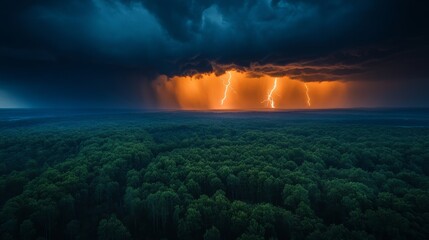 dramatic thunderstorm over a vast forest with lightning illuminating the treetops and rain falling in heavy sheets, Generative AI