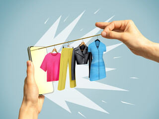 Hand pulls out a rail with clothes on hangers from a smartphone.