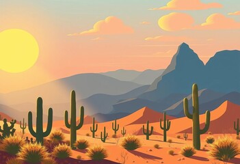 Fototapeta premium Cartoon sunlit desert landscape with cactus hills, mountains silhouettes Vector illustration, backdrop, design