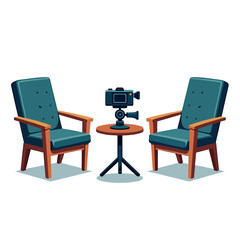 Fototapeta premium Illustration of a Camera on a Table Between Two Armchairs, Vector Design for Film or Interview Set
