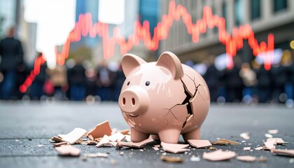 Economic crisis protest scene stock market decline urban environment blurred background broken piggy bank concept