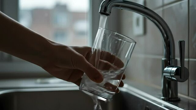 A person's hand filling a clear glass with fresh, clean tap water from a modern kitchen sink.