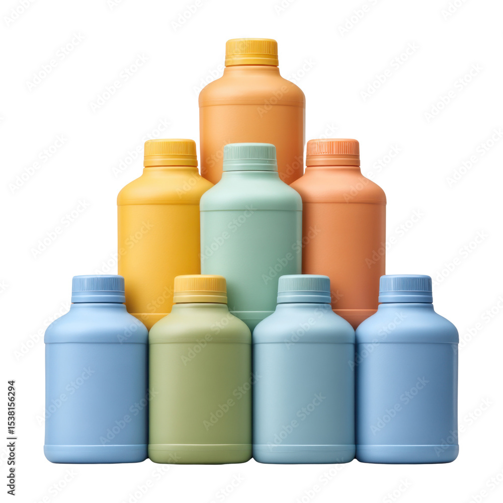 Poster colorful collection of bottles in various shapes and sizes stacked neatly on top of each other trans
