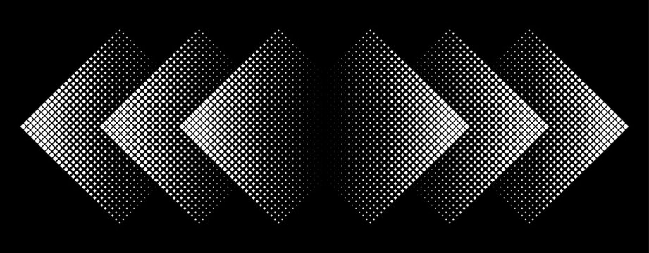 Modern geometric halftone diamond pattern – abstract black and white vector art with overlapping gradient shapes.
