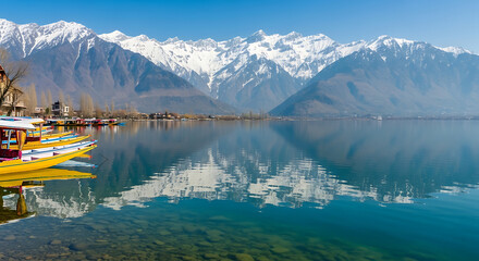 Dal Lake Serenity: Kashmir's Vibrant Houseboats Reflecting the Snow-Capped Himalayas