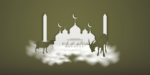 Eid Al Adha Mubarak Greeting with Mosque and Sacrifice Animals