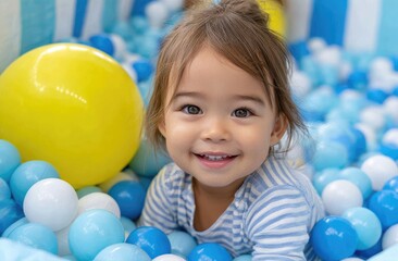 Obraz premium A girl playing in an indoor ball pit filled with blue and white balls, holding a yellow balloon