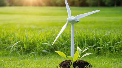 International Day of Clean Energy – A small wind turbine standing beside a budding green plant on vibrant lush grass, under a clear sunlit sky. This serene and symbolic scene represents renewable 