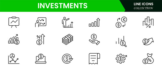 Sleek vector web line icons depicting investments, stocks, portfolios, growth, financial planning, and wealth-building strategies for economic success.