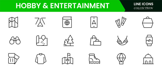 Vibrant vector web line icons depicting hobbies, entertainment, music, games, crafts, and leisure activities for joyful personal fulfillment.