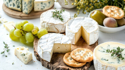 Assorted Cheese Platter with Fresh Fruits, Nuts, and Crackers on a White Table for Gourmet Dining Experience and Special Occasions