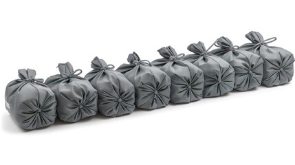 Gray fabric pouches arranged in a neat row, perfect for gift wrapping, storage, or stylish organization in various settings