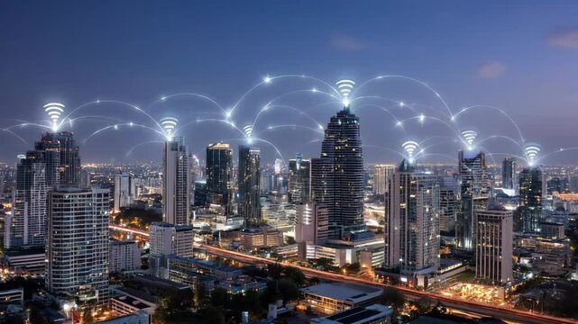 Wide Angle Aerial Shot of Bustling City Skyline at Night, Illuminated with Digital Connectivity Symbols, Showcasing Networked Urban Environment and Modern Technology Integration