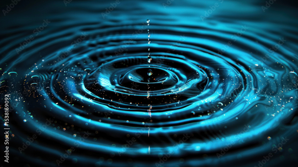 Poster blue water ripple effect with droplet impact creating circular waves and sparkling reflections in a 