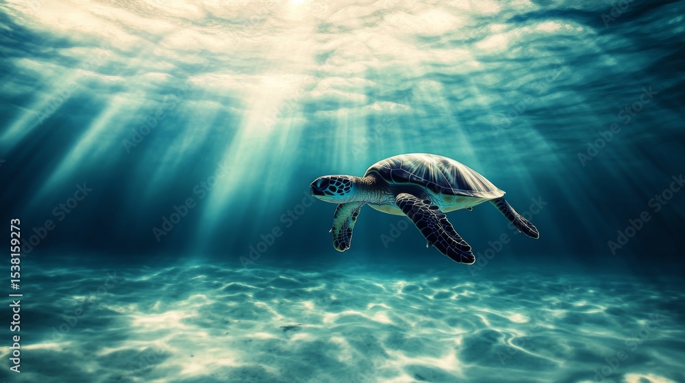 Poster a striking image of a sea turtle diving deep into the ocean, with rays of sunlight breaking through 