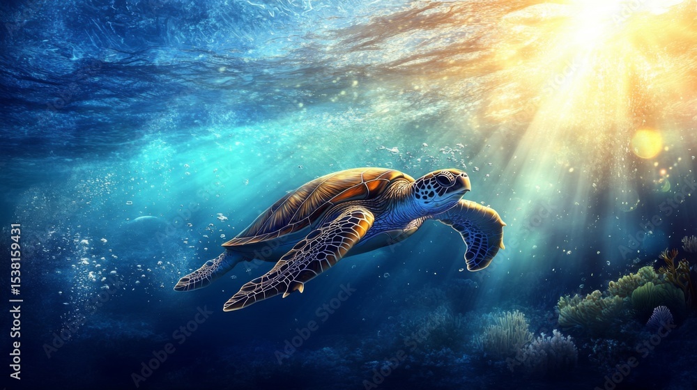 Poster a striking image of a sea turtle diving deep into the ocean, with rays of sunlight breaking through 