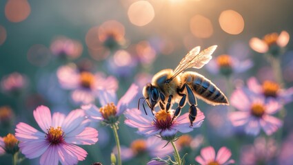 Fototapeta premium Bee pollinating for nectar from cosmos flowers in a colorful garden scene.