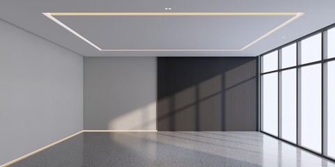 Modern Empty Room with Vertical Black Wood Slats, Sunlight Shadows, 8K 3D Render