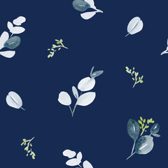 Frosted Watercolor Eucalyptus Leaf Pattern in Dusty Blue and Sage