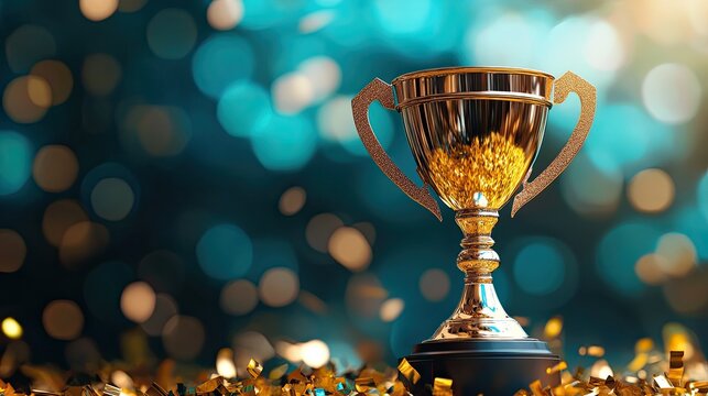A gleaming golden trophy celebrates triumph and hard won success surrounded by glittering confetti on a blurred teal