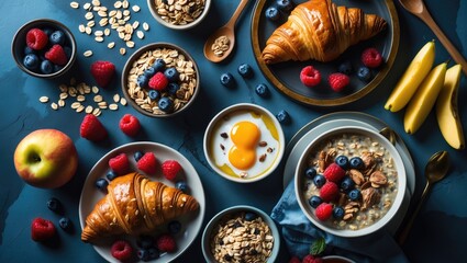 Fototapeta premium Breakfast Table Featuring Oatmeal, Croissants, Fresh Fruit, Muesli, and Berries. Overhead View, Flat Lay. Healthy Breakfast with Blank Space for Text