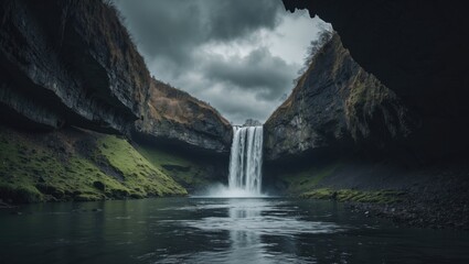 A beautiful view from a cave of a waterfall and cloudy gray sky