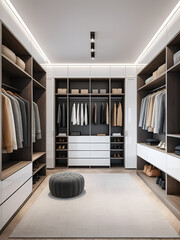 modern conceptual Luxury Designing a beautiful and functional walk-in closet contemporary bright stylish interior . 3D rendering