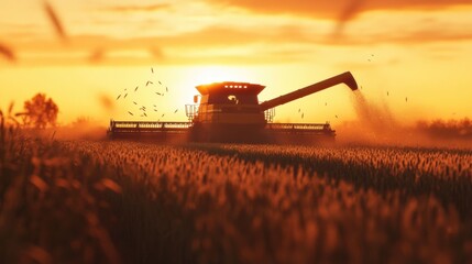 Fototapeta premium Combine Harvester in a Wheat Field at Sunset