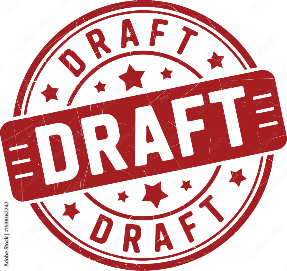 Poster a red draft stamp with stars and lines around it on a white background with the word draft on it