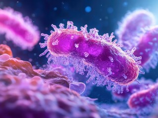 Microbial life forms magnified in a colorful display, showcasing structure and movement in a vibrant environment